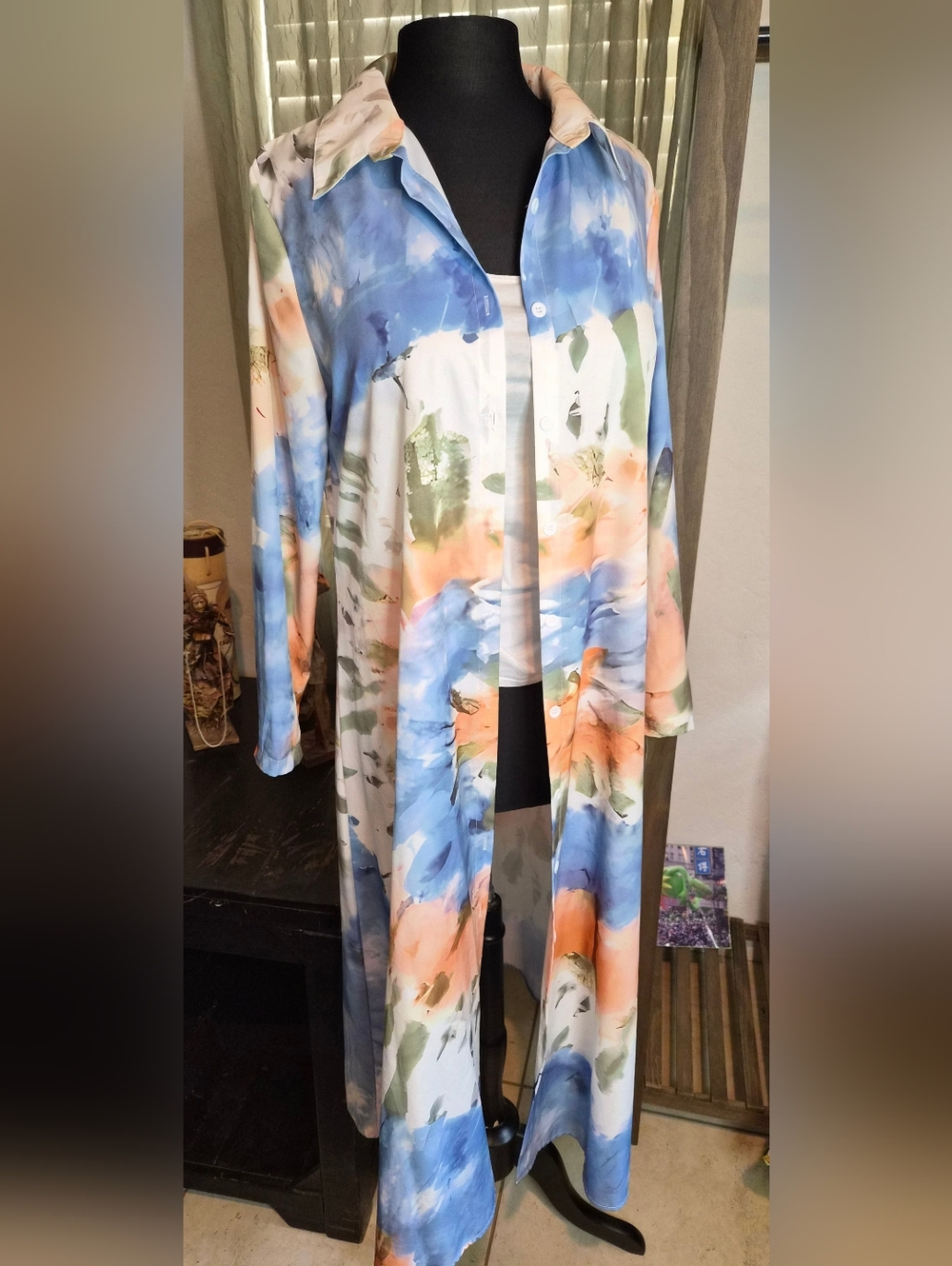 Watercolor Print Long Kimono Duster - Blue, Peach, Green, White #0081